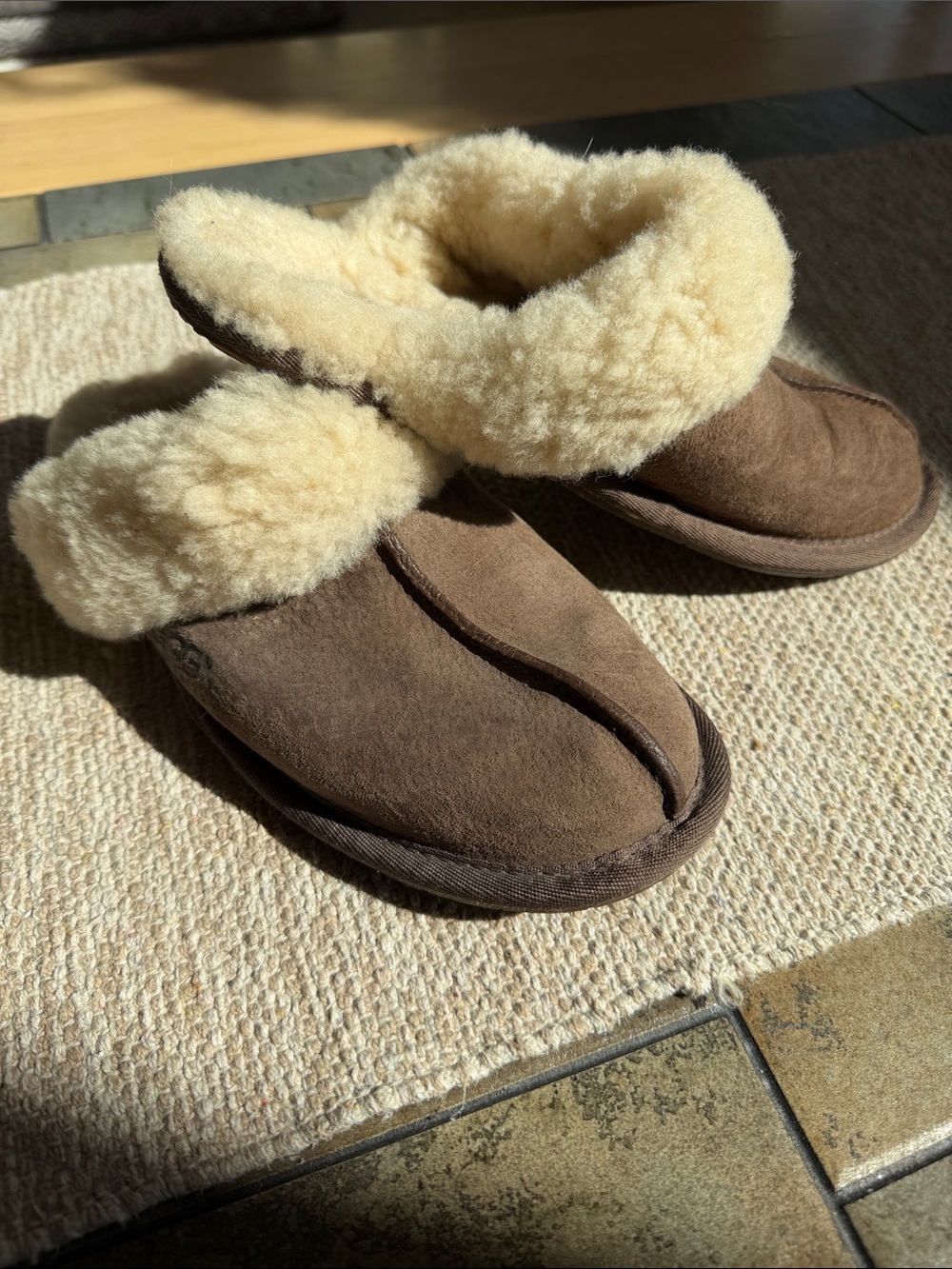 UGG Brown Suede Shearling Cuff Slippers with Cream Lining